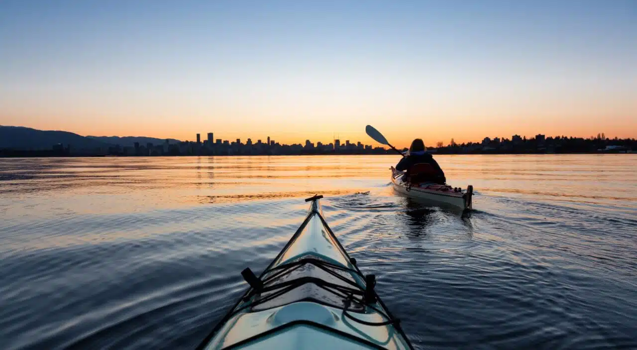 Two kayakers out during sunrise in Vancouver