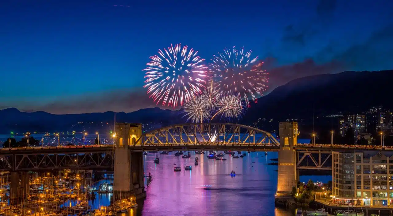 Fireworks over bridge during the Honda Celebration of Light